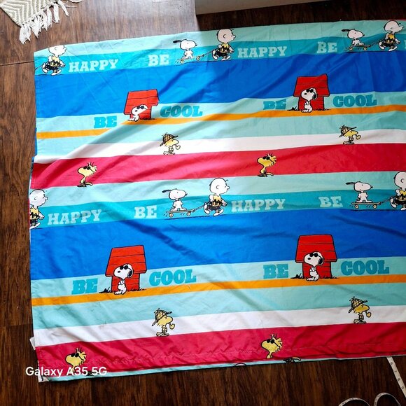 Peanuts Snoopy & Friends Twin Flat Sheet Blue Red White Striped Kids Bedding Cot - Picture 2 of 3